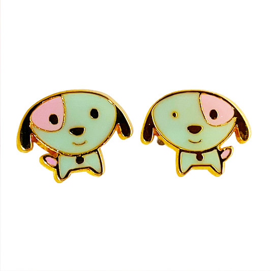 Green with Pink Spot Puppy Earrings for Kids