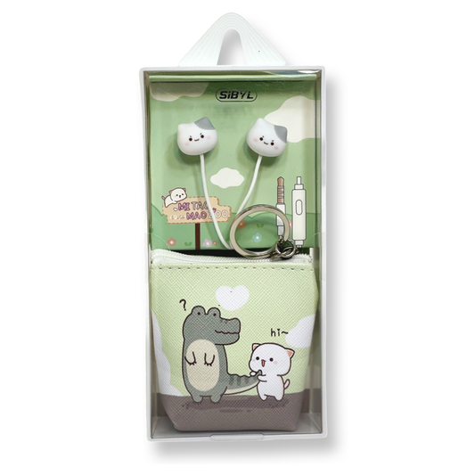 Sibyl Green Alligator and White Cat Cartoon Wired Earbuds
