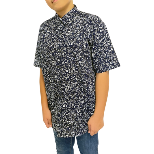 Big Boy's Tropical Woven Shirt Navy with Mini White Floral