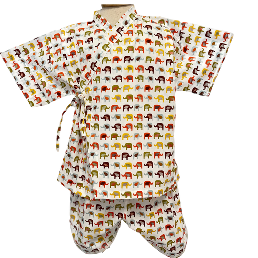 FUN Japanese Kimono Jinbei Kids Shirt + Pants Outfits Clothes 2Pcs/Set - Elephant