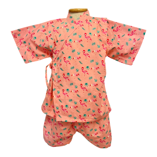 FUN Japanese Kimono Jinbei Kids Shirt + Pants Outfits Clothes 2Pcs/Set - Flamingo