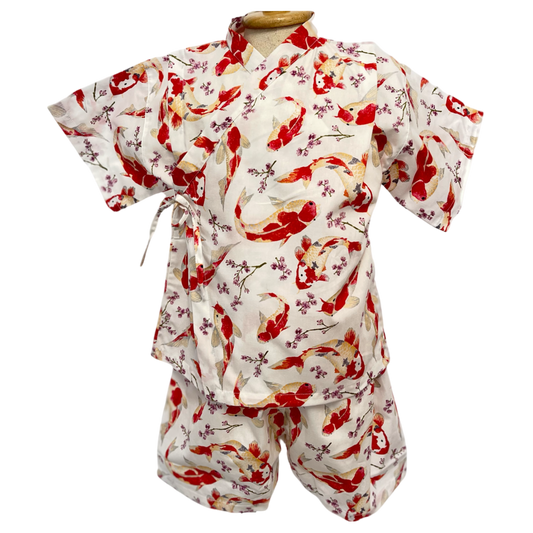 FUN Japanese Kimono Jinbei Kids Shirt + Pants Outfits Clothes 2Pcs/Set - Koi (White Kimono)