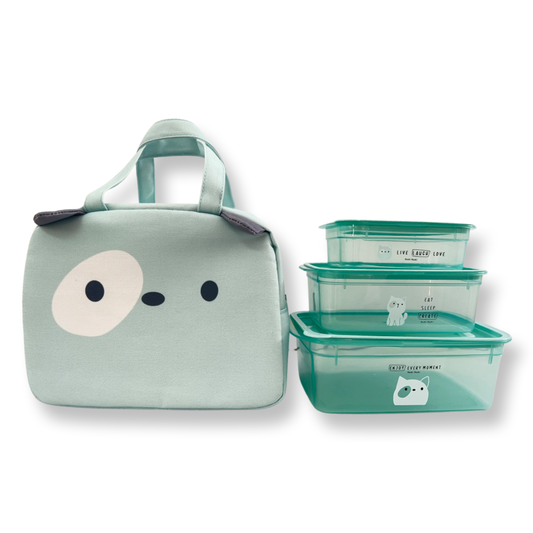 Cute Animal Face Lunch Box with Stackable Food Container - Turquoise Green