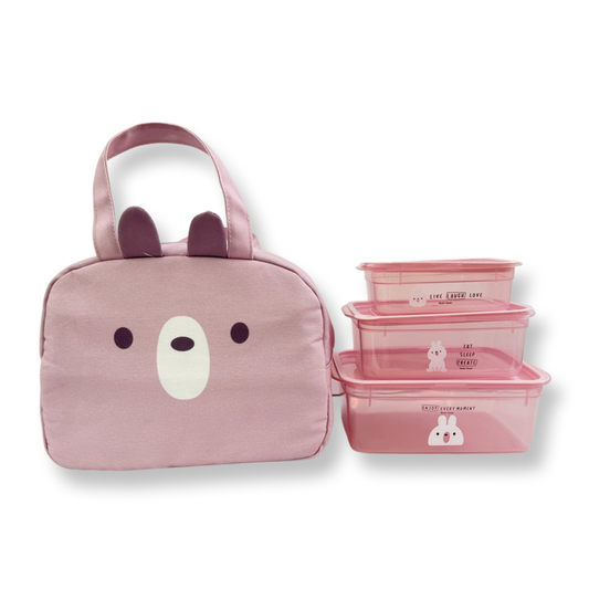 Cute Animal Face Lunch Box with Stackable Food Container - Pink