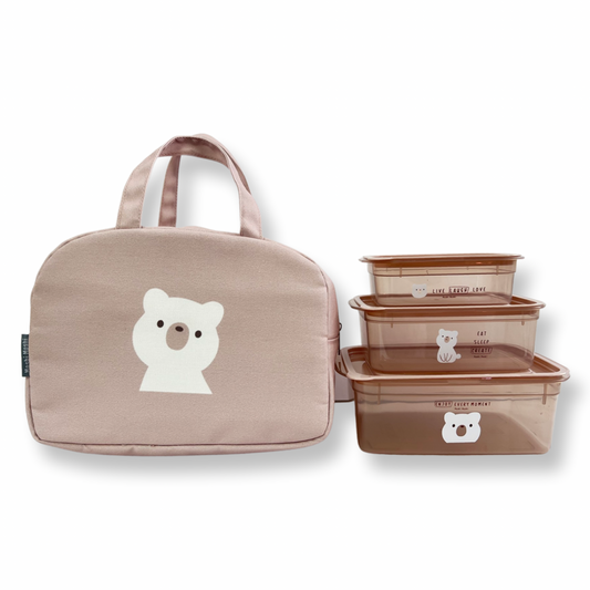 Cute Animal Face Lunch Box with Stackable Food Container - Beige