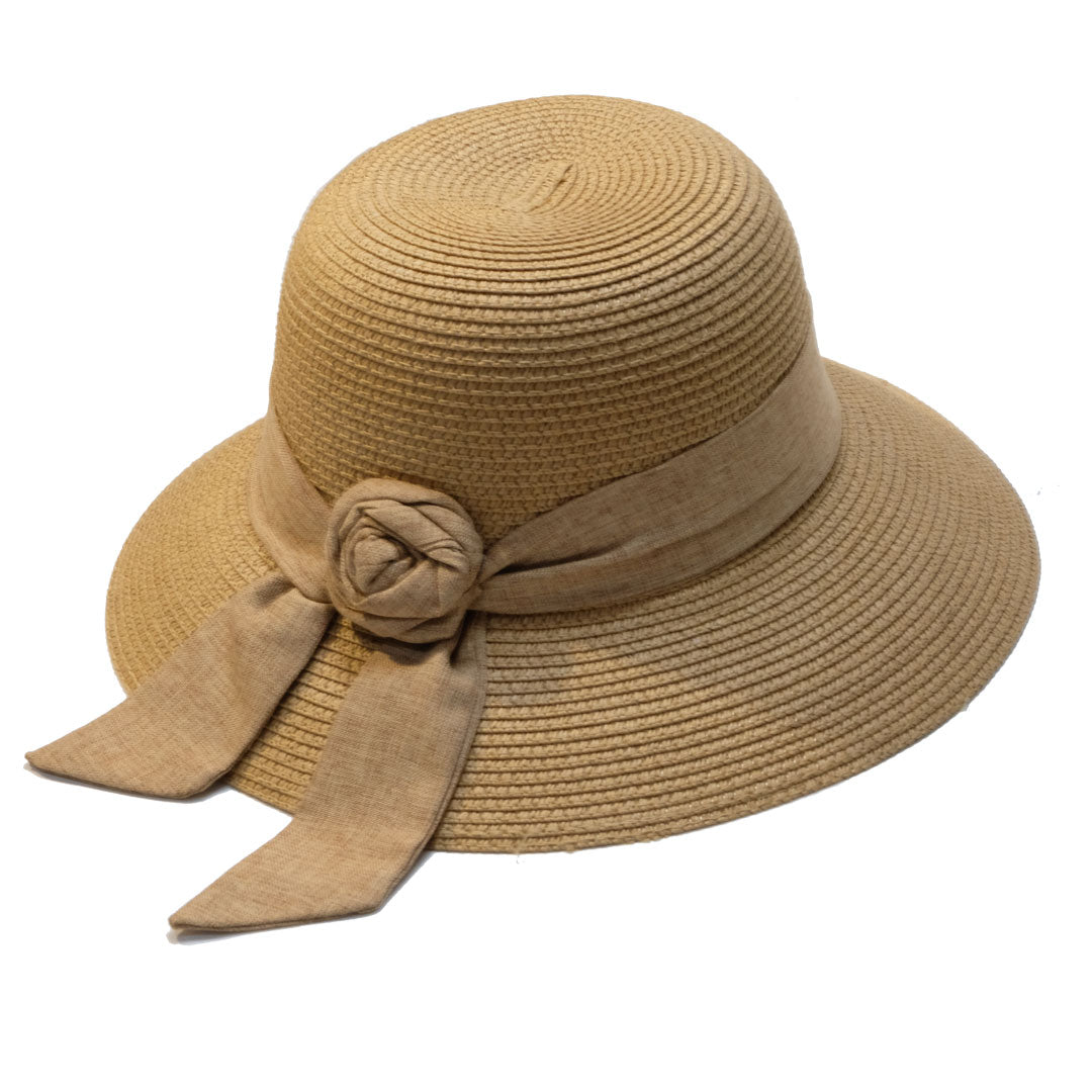 Wide Brim Straw Hat with Rose-Shape Ribbon – Pink Sands & Co
