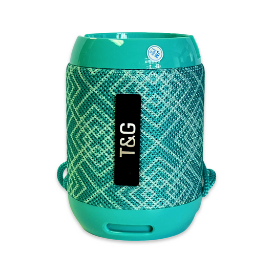 Teal Geometric Pattern Portable Bluetooth Speaker with Handsfree Calling Mic, Waterproof, and FM Radio Capability