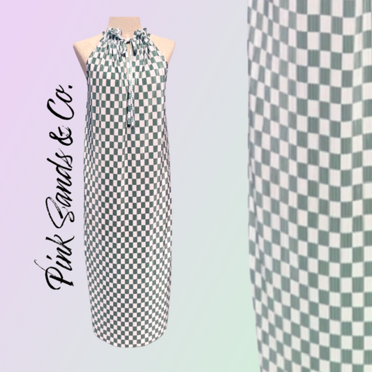 Women’s Sleeveless Elegant Dress - Green Checkered