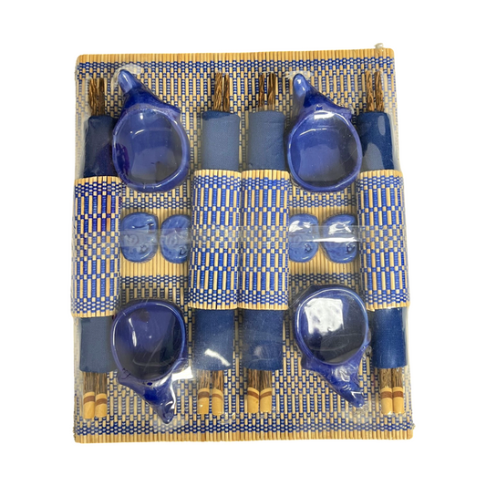Navy Asian Set of 4 (Chopsticks w/ rests, Placemats, Cloth Napkins w/ rings, Elephant Sauce Bowls)