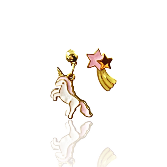 White Pastel Pink Unicorn  with Pink and Yellow Falling StarEarrings
