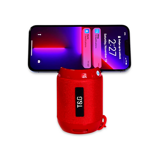 Red Portable Bluetooth Speaker with Handsfree Calling Mic, Waterproof, and FM Radio Capability