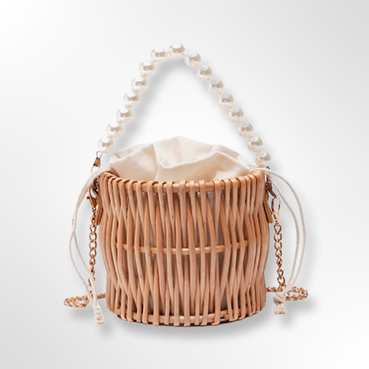 Rattan Straw Handbag with Pearl Handle
