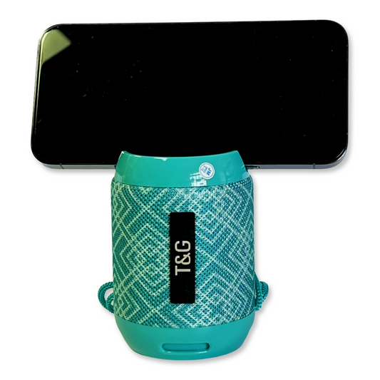 Teal Geometric Pattern Portable Bluetooth Speaker with Handsfree Calling Mic, Waterproof, and FM Radio Capability