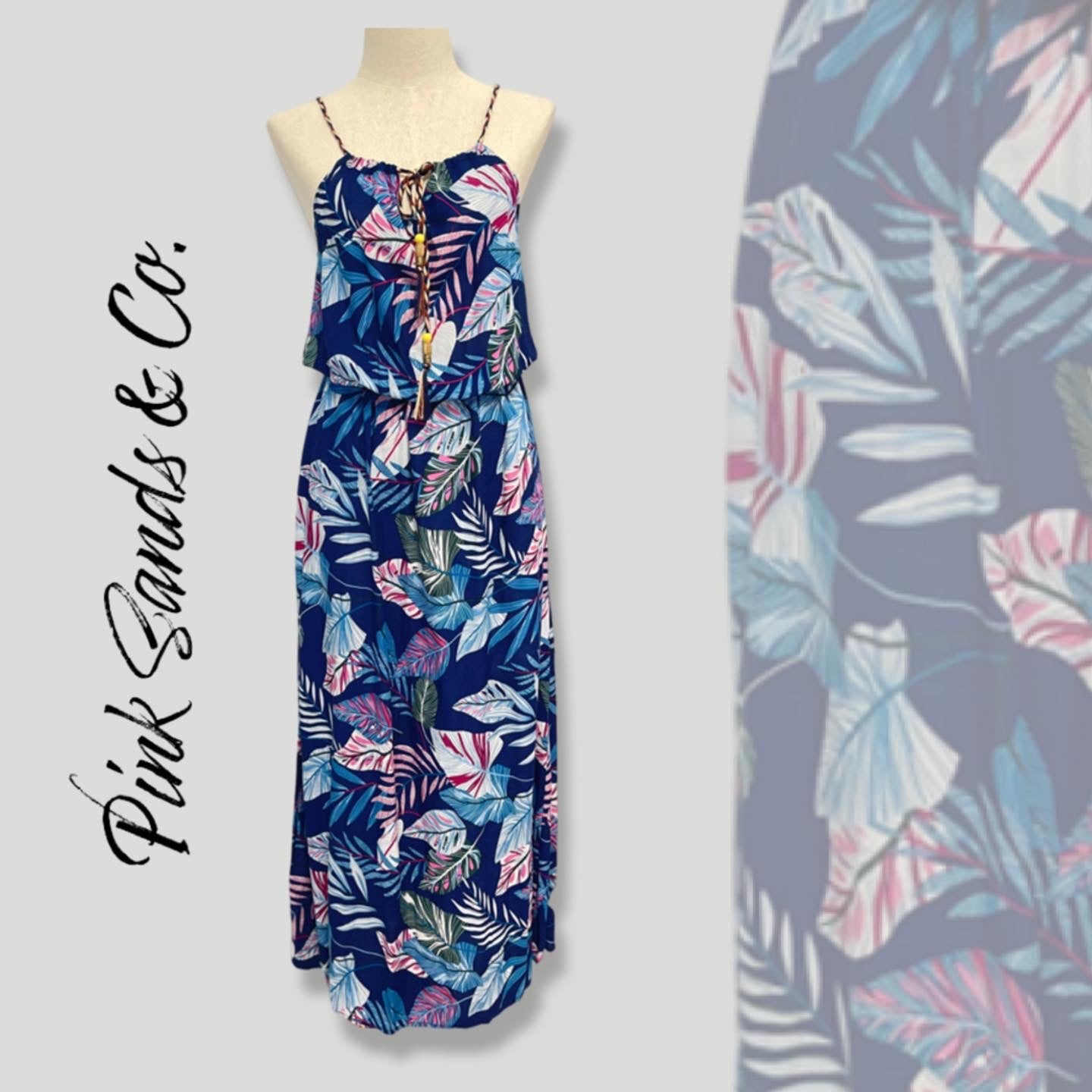 Blue Tropical Floral Women Adjustable Spaghetti Strap Dress