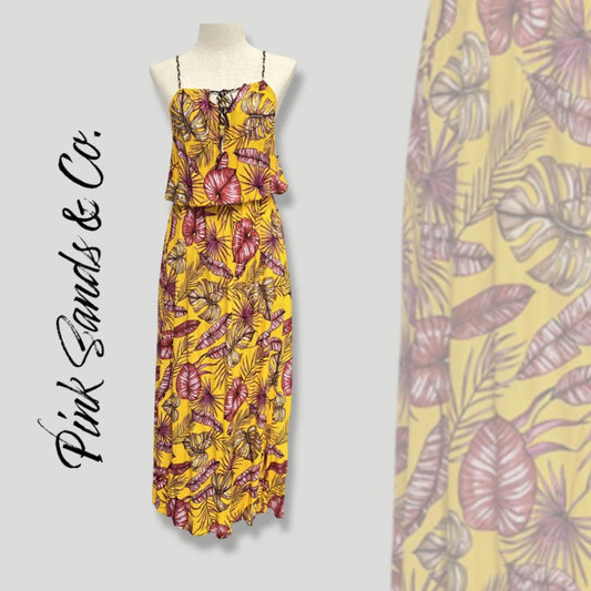 Yellow Tropical Floral Women Adjustable Spaghetti Strap Dress