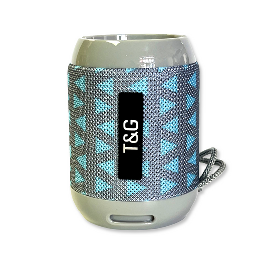 Gray + Blue Pattern Portable Bluetooth Speaker with Handsfree Calling Mic, Waterproof, and FM Radio Capability